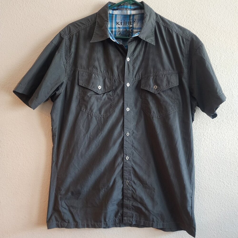 Kuhl Shirt Mens Medium Gray Short Sleeve Button Up ELUXUR IQM Quick Dry Hiking